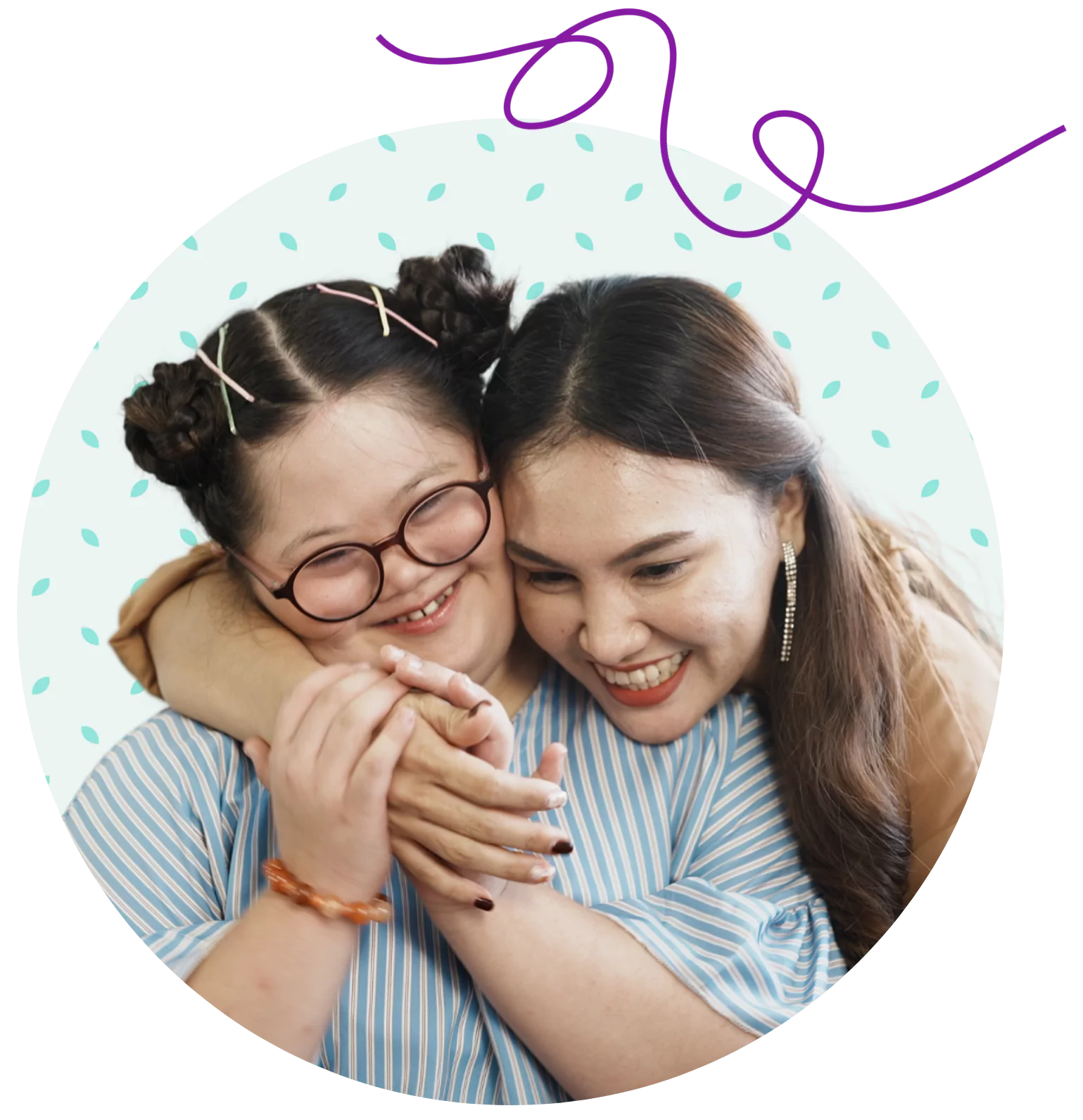 A happy young woman with down syndrome is being hugged by her older sister